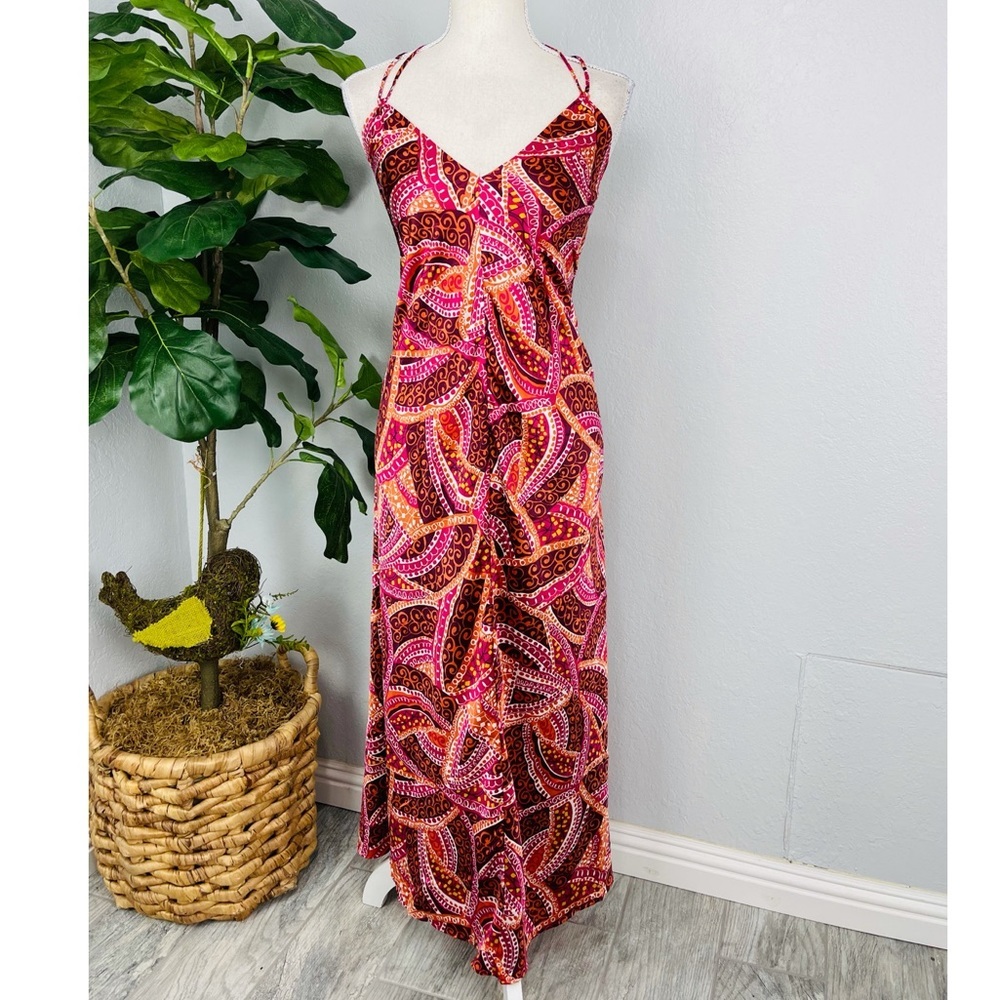 NEW York & Company Swirl Paisley Abstract Fuscia Pink Red Maxi Halter Top Dress
